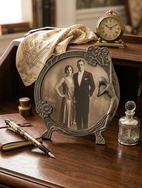 Vintage Art Deco Style Pewter-Tone Picture Frame | Elegant Lady & Floral Motif